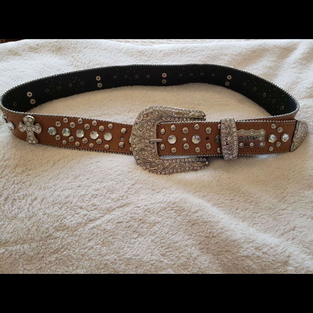 Brown genuine leather women's studded belt